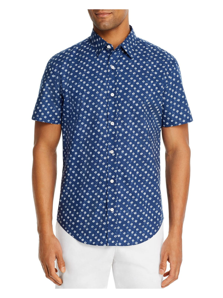 Bobbi + Bricka,The Mens Store, The Mens Store Blue Mini Ikat Print Short Sleeve Button Up Shirt, Blue, Medium-42-TagS
