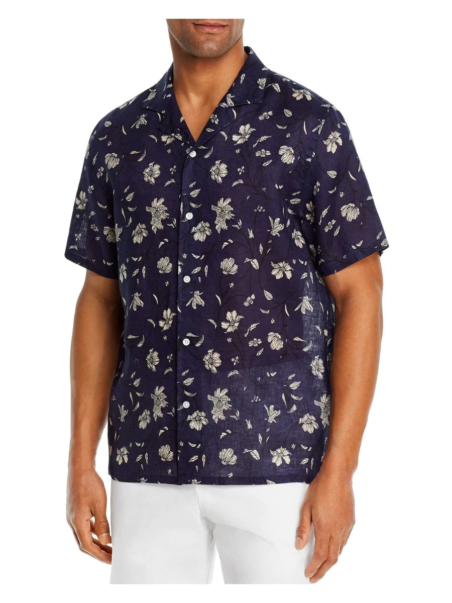 Bobbi + Bricka, The Mens Store Navy Floral Linen Short Sleeve Button Up Shirt, Blue, Extra Large-49-TagXL