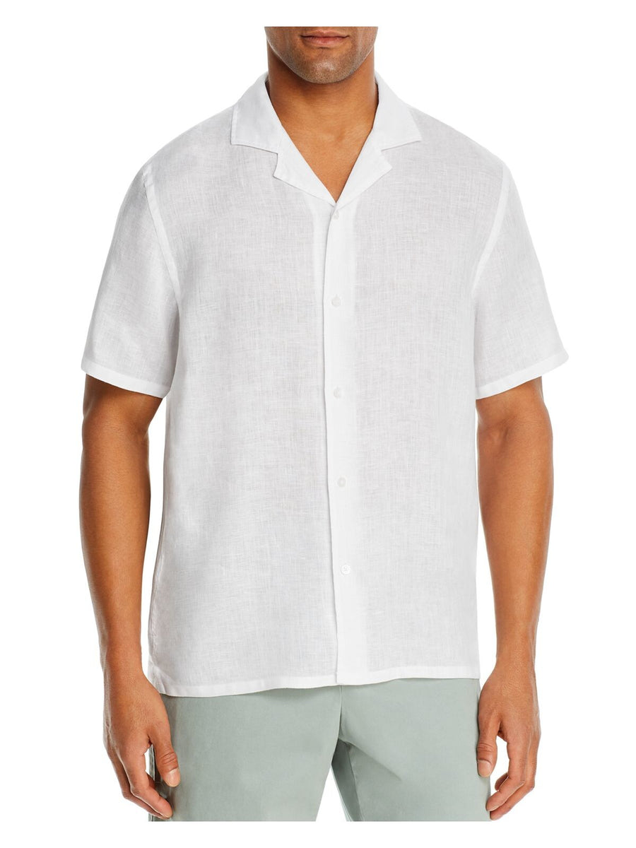 The Mens Store,The Mens Store, The Mens Store White Linen Short Sleeve Button Up Shirt, White, Medium-43-TagM