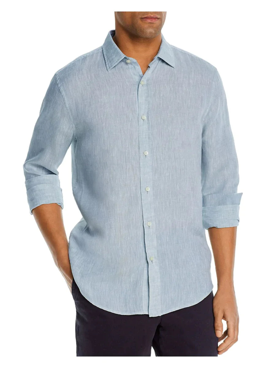 The Mens Store,The Mens Store, The Mens Store Blue Linen Longsleeve Button Up Shirt, Blue, Extra Large-50-TagXL