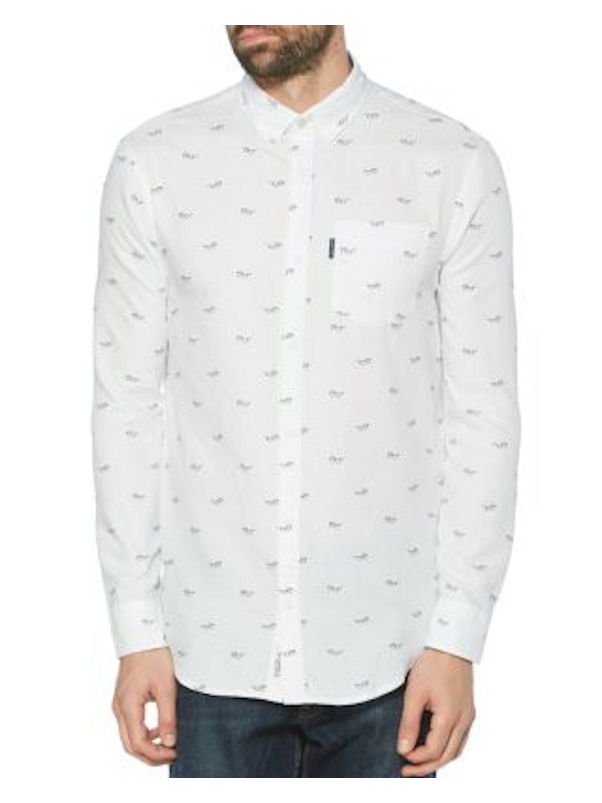Bobbi + Bricka,Penguin, Penguin Mens White Glasses Printed Longsleeve Button Up Shirt, White, Small-38-TagS