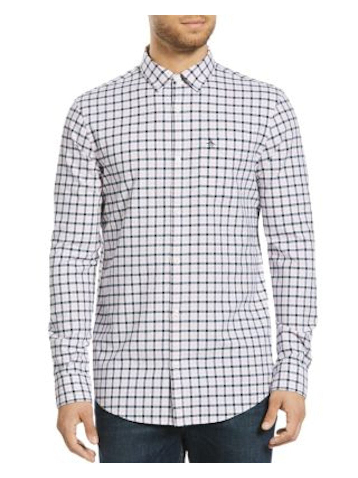 Bobbi + Bricka,Penguin, Penguin Pink & Black Check Print Long Sleeve Button Up Shirt, Blue, Small-41-TagS