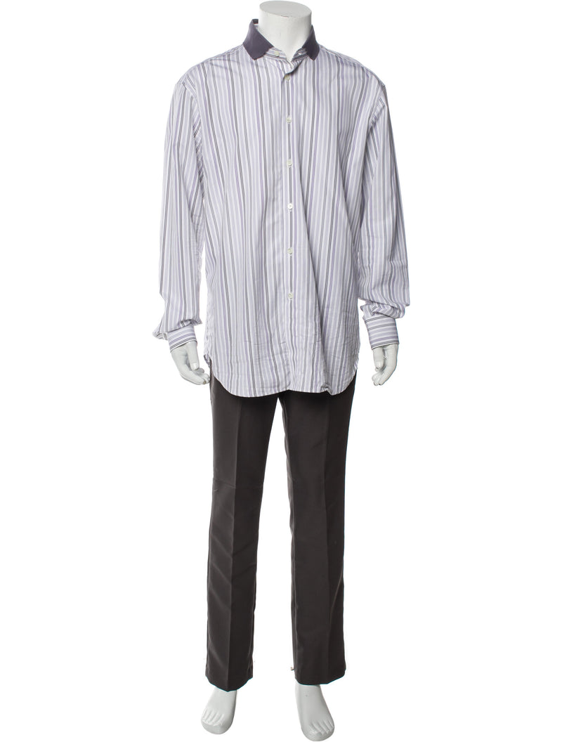 Brioni White Striped Button Up With Grey Contrast Collar