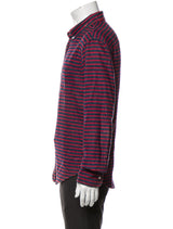 Band of Outsiders Navy And Red Horizontal Striped Flannel Button Up Shirt With Front Chest Pocket