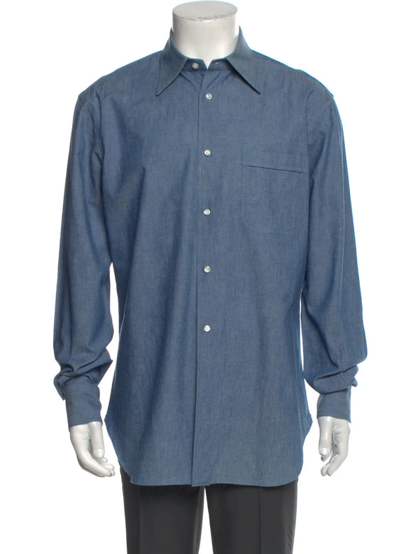 Battistoni Blue Long Sleeve Button Up Shirt With Front Chest Pocket