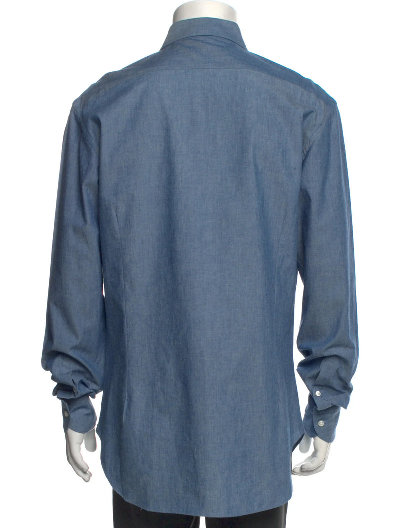 Battistoni Blue Long Sleeve Button Up Shirt With Front Chest Pocket