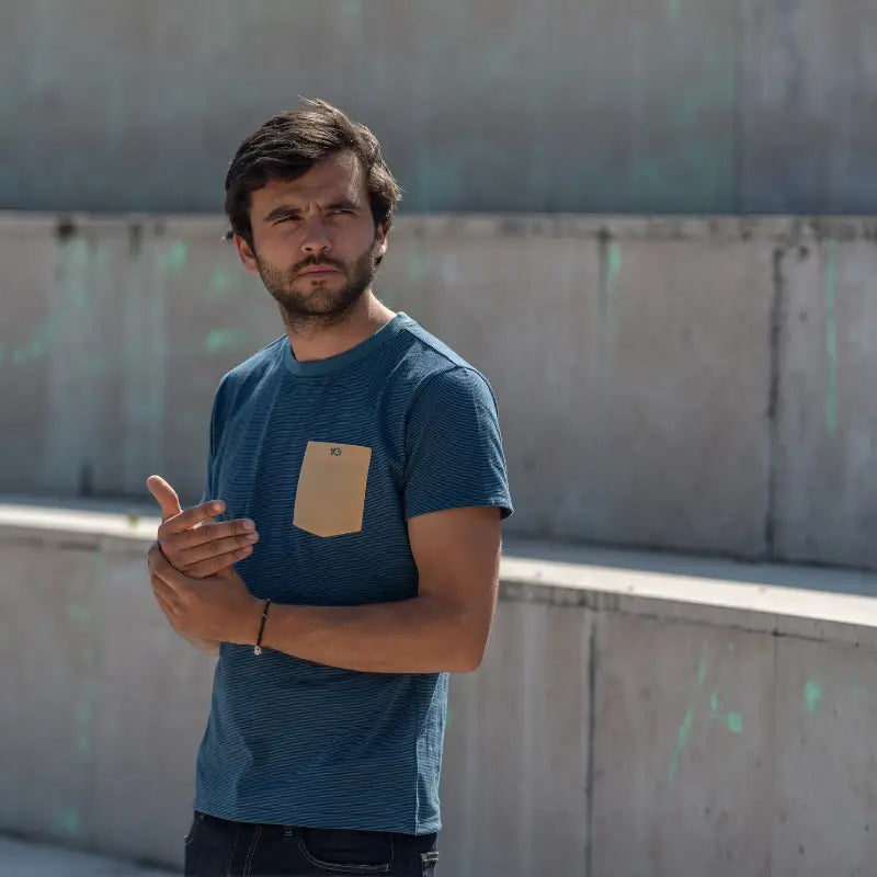 Faire,Billy Belt, Billy Belt Blue Striped Short Sleeve T-Shirt With Light Orange Chest Pocket, Blue, Medium-40-TagLLarge-42-TagL