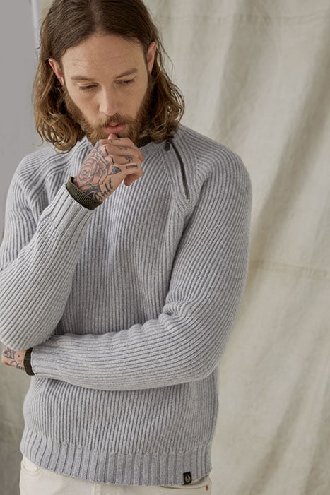 Otrium,Belstaff, Belstaff Light Grey Ribbed Heavyweight Sweater With Shoulder Zipper Detail, Grey, Small-40-TagXXL