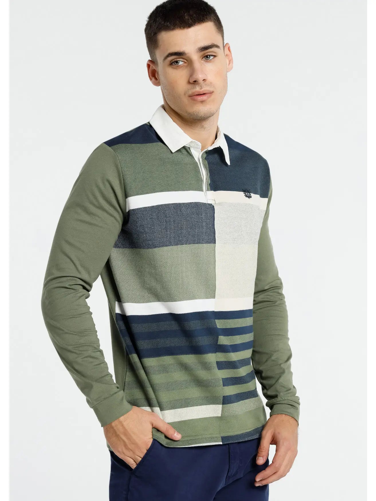 Faire,Bendorff, Bendorff Heather Dark Green and Navy Color Block Rugby Longsleeve Polo Shirt, Green, Medium-40-TagM