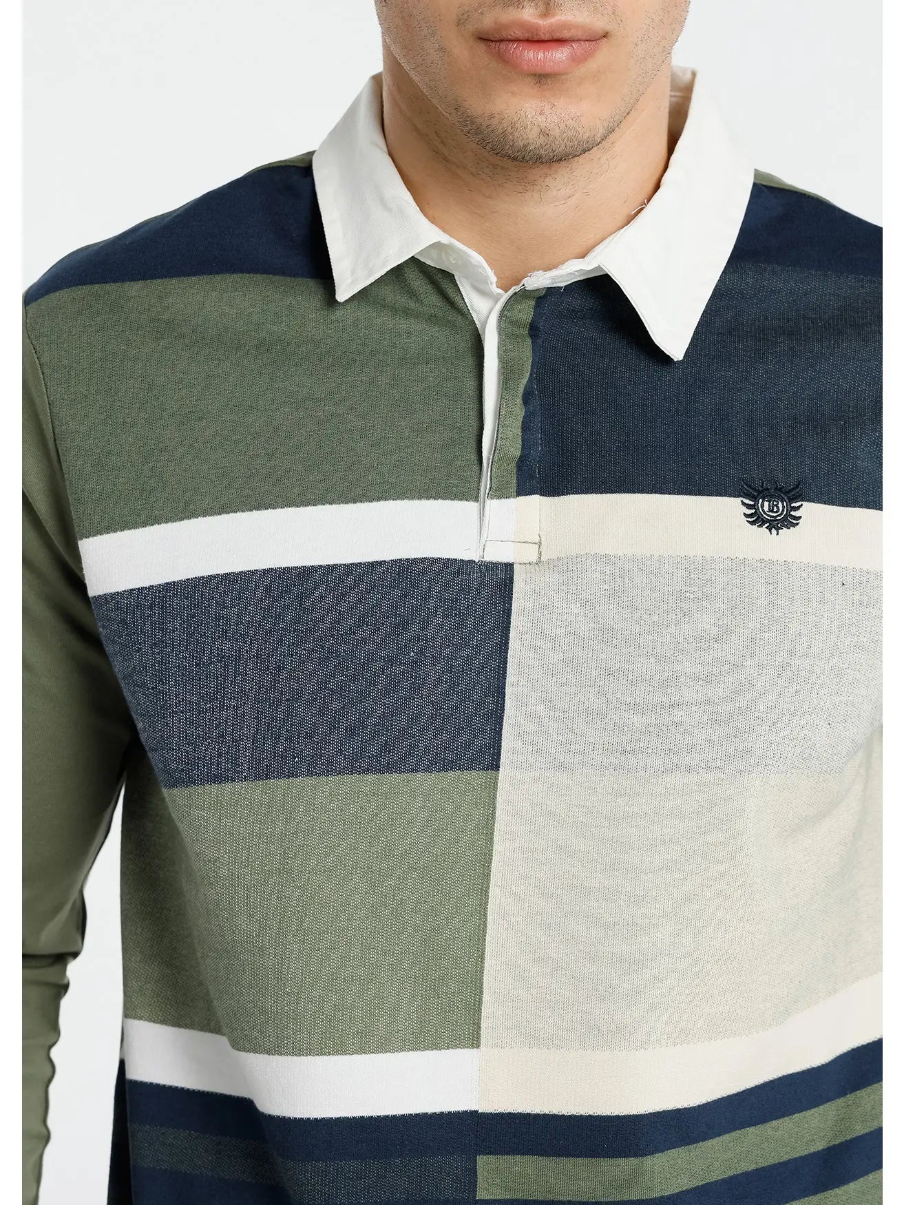 Faire,Bendorff, Bendorff Heather Dark Green and Navy Color Block Rugby Longsleeve Polo Shirt, Green, Extra Large-46-TagXL