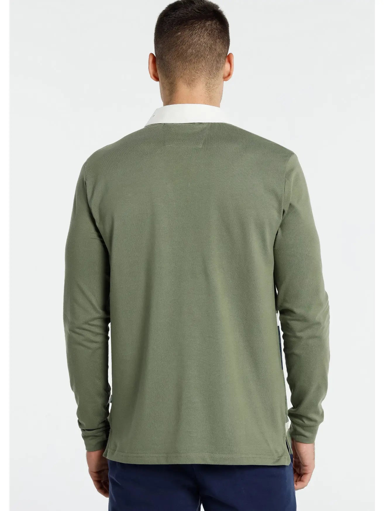 Faire,Bendorff, Bendorff Heather Dark Green and Navy Color Block Rugby Longsleeve Polo Shirt, Green, Large-44-TagL