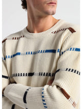 Bendorff Cream Longsleeve Crewneck Sweater With Blue, Black and Brown Horizontal Stripes