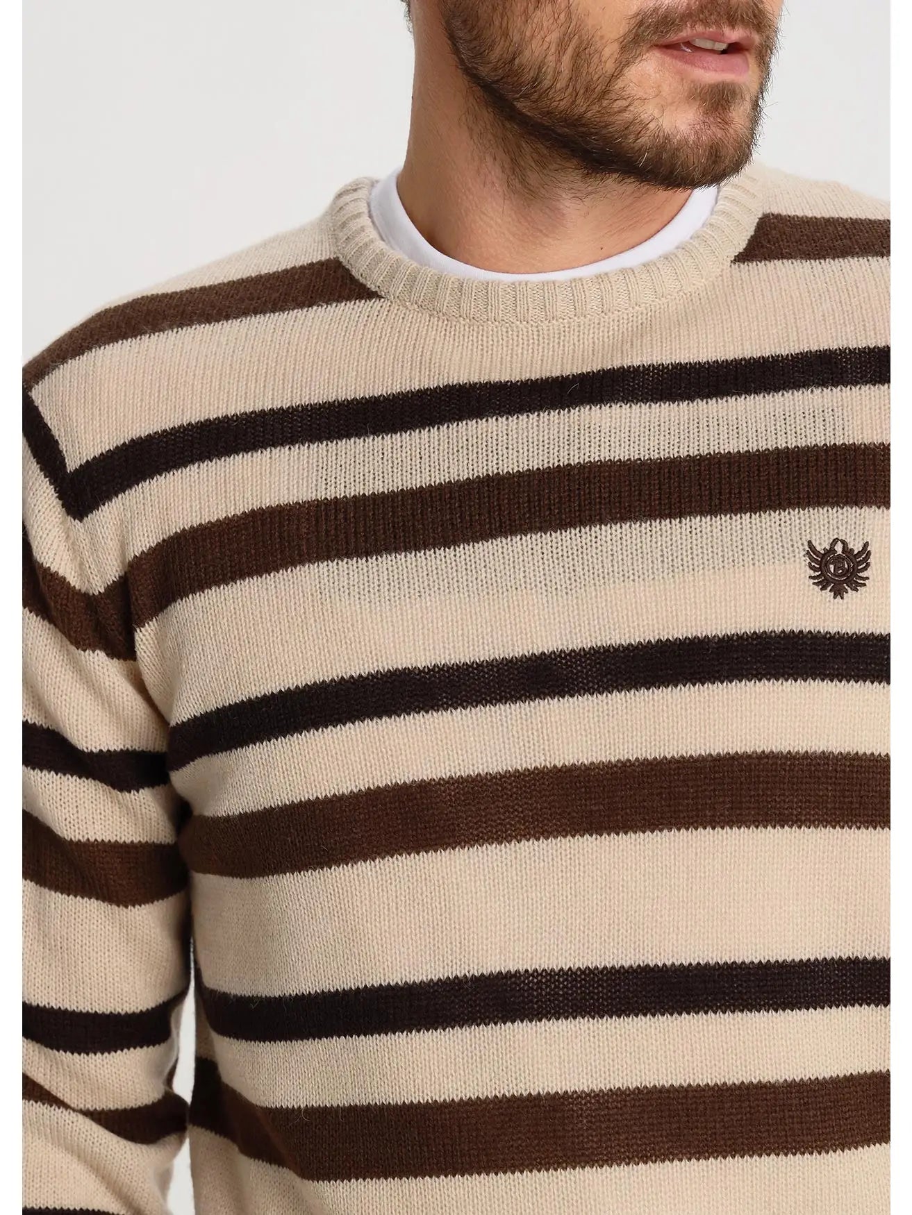 Faire,Bendorff, Bendorff Light Brown Knit Longsleeve Crewneck Sweater With Brown Horizontal Stripes, Brown, Extra Large-47-TagXLMedium-43-TagMMedium-41-TagL