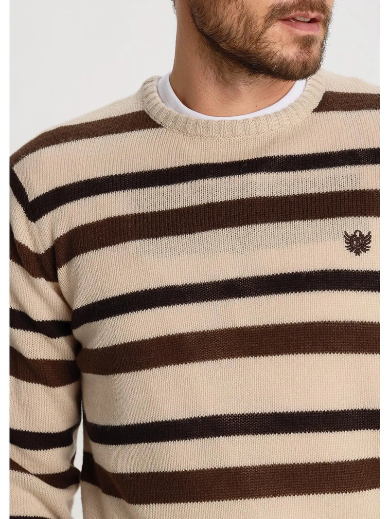 Bendorff Light Brown Knit Longsleeve Crewneck Sweater With Brown Horizontal Stripes