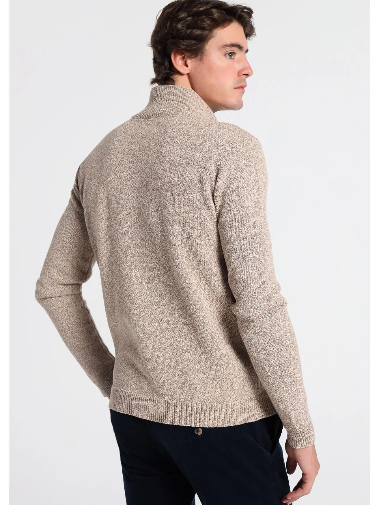 Faire,Bendorff, Bendorff Tan and White Heathered Knit Sweater Zip Up Longsleeve Jacket, Tan, Medium-42-TagM