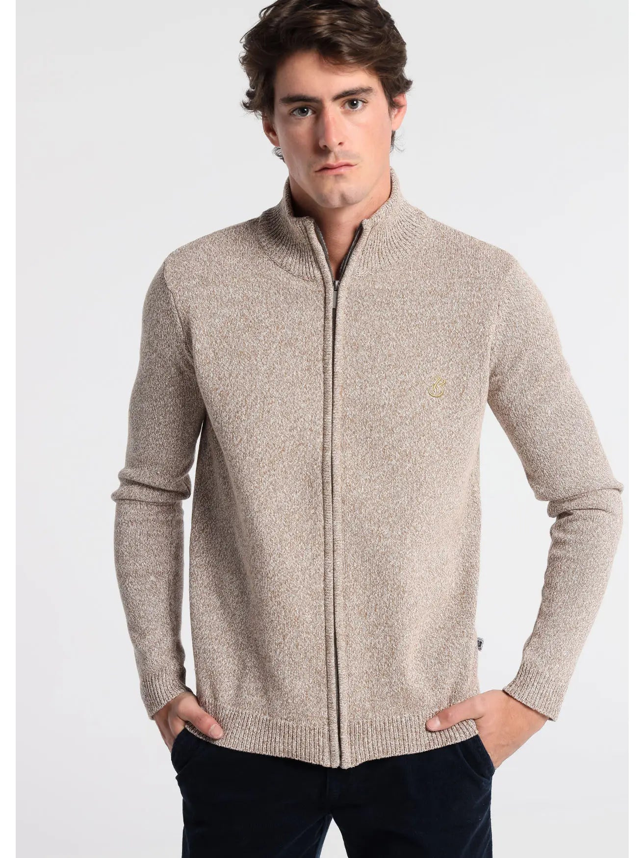 Faire,Bendorff, Bendorff Tan and White Heathered Knit Sweater Zip Up Longsleeve Jacket, Tan, Large-45-TagL