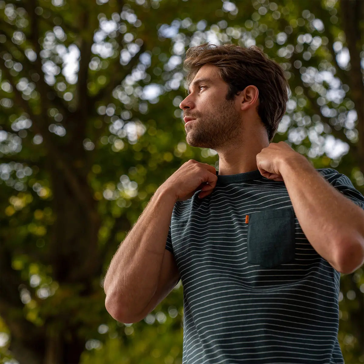 Faire,Billy Belt, Billy Belt Green Striped Short Sleeve T-Shirt With Chest Pocket, Green, Large-45-TagXXLLarge-45-TagXLMedium-42-TagXLMedium-41-TagLLarge-42-TagLSmall-38-TagMLarge-44-TagXXLExtra Large-47-TagS