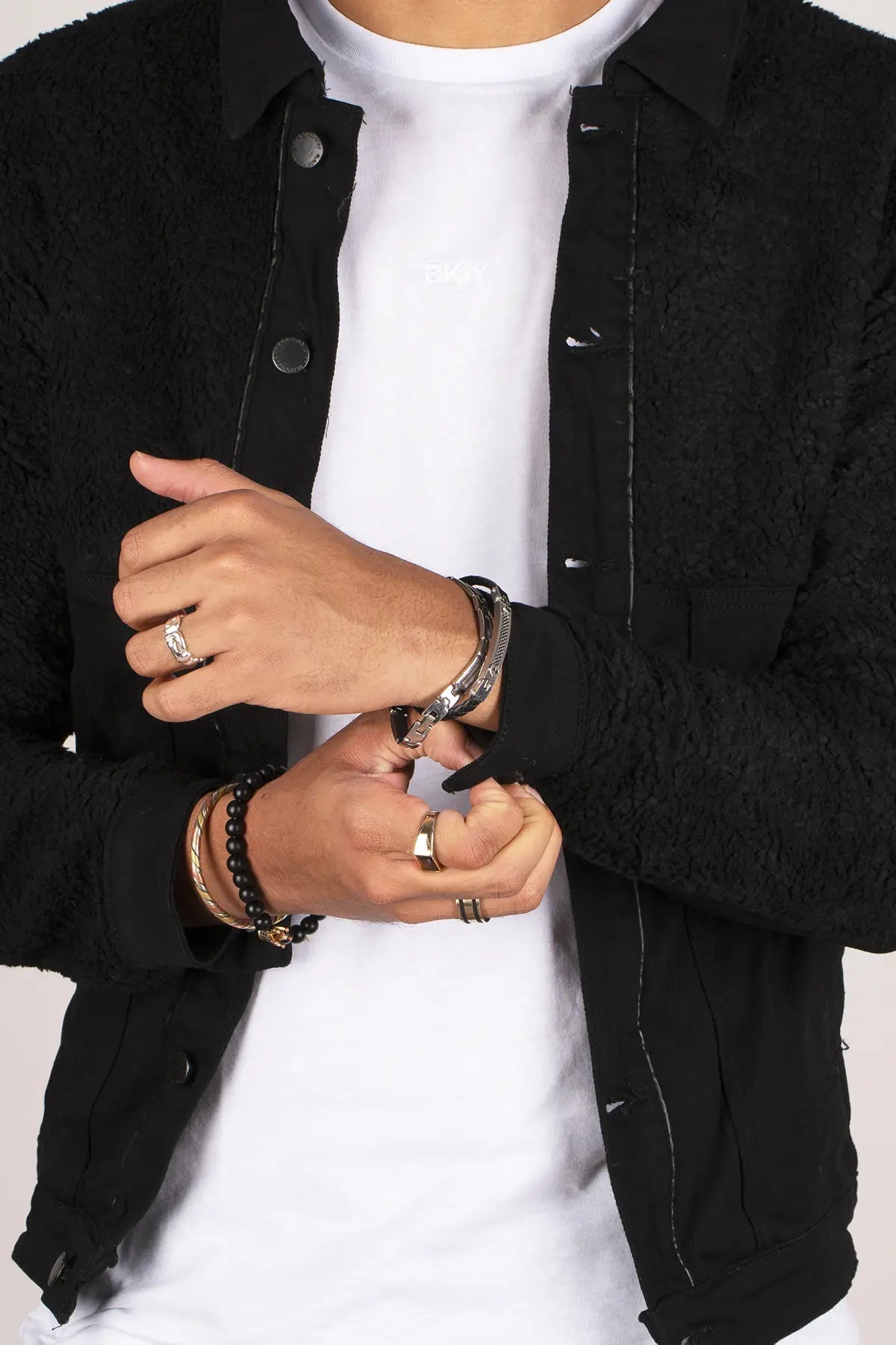 Faire,Black Industry, Black Industry Black Shearling & Denim Jacket, Black, Medium-42-TagM