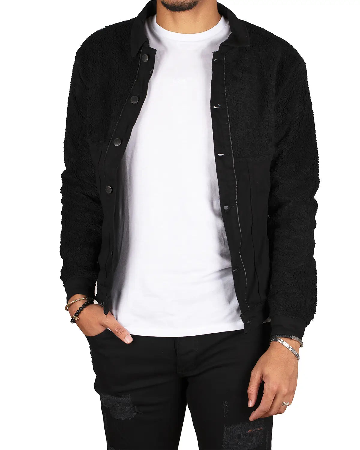 Faire,Black Industry, Black Industry Black Shearling & Denim Jacket, Black, Small-41-TagS