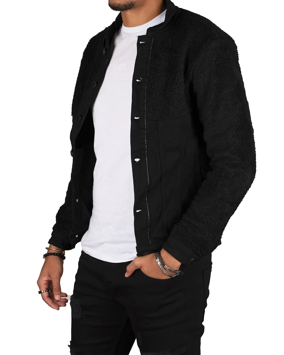 Faire,Black Industry, Black Industry Black Shearling & Denim Jacket, Black, Small-41-TagS