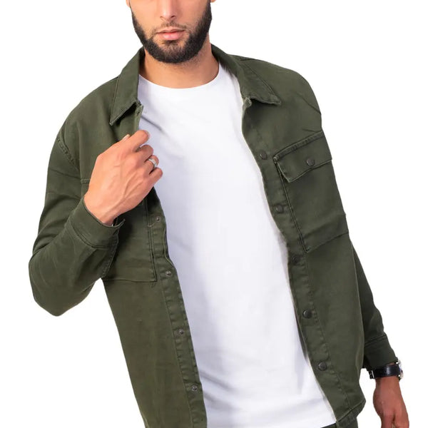 Men's Olive green Cotton Solid Denim Jacket