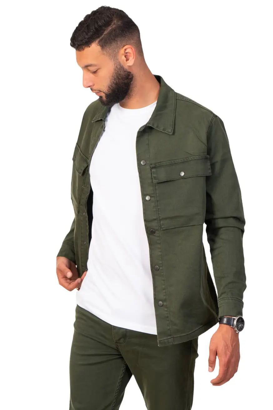 Faire,Black Industry, Black Industry Olive Green Denim Shacket, Green, Medium-44-TagL