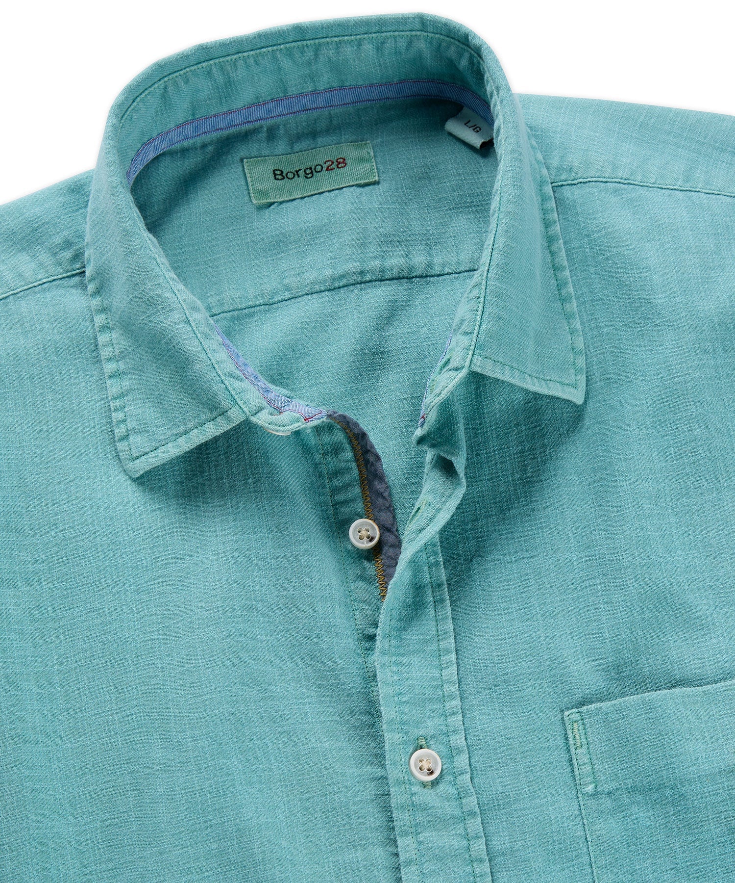 Brand Partner,Borgo28, Borgo28 Aqua Green Garment Dyed Shortsleeve Button Up Shirt, Green, Large-46-TagLMedium-43-TagMExtra Large-48-TagXL