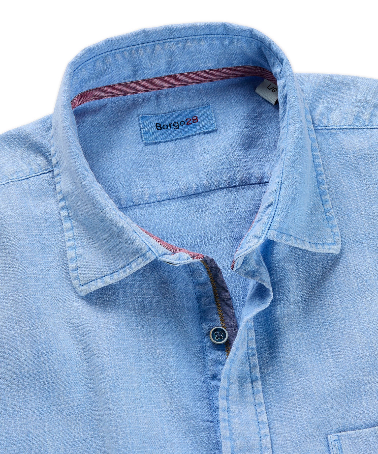 Brand Partner,Borgo28, Borgo28 Blue Garment Dyed Shortsleeve Button Up Shirt, Blue, Large-46-TagL