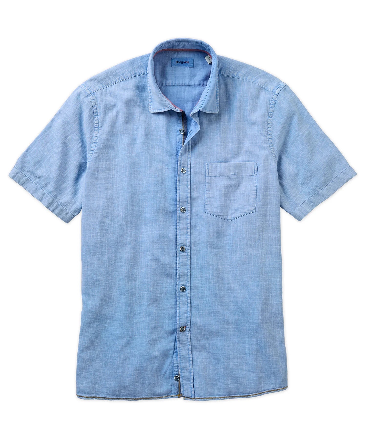 Brand Partner,Borgo28, Borgo28 Blue Garment Dyed Shortsleeve Button Up Shirt, Blue, Extra Large-48-TagXL