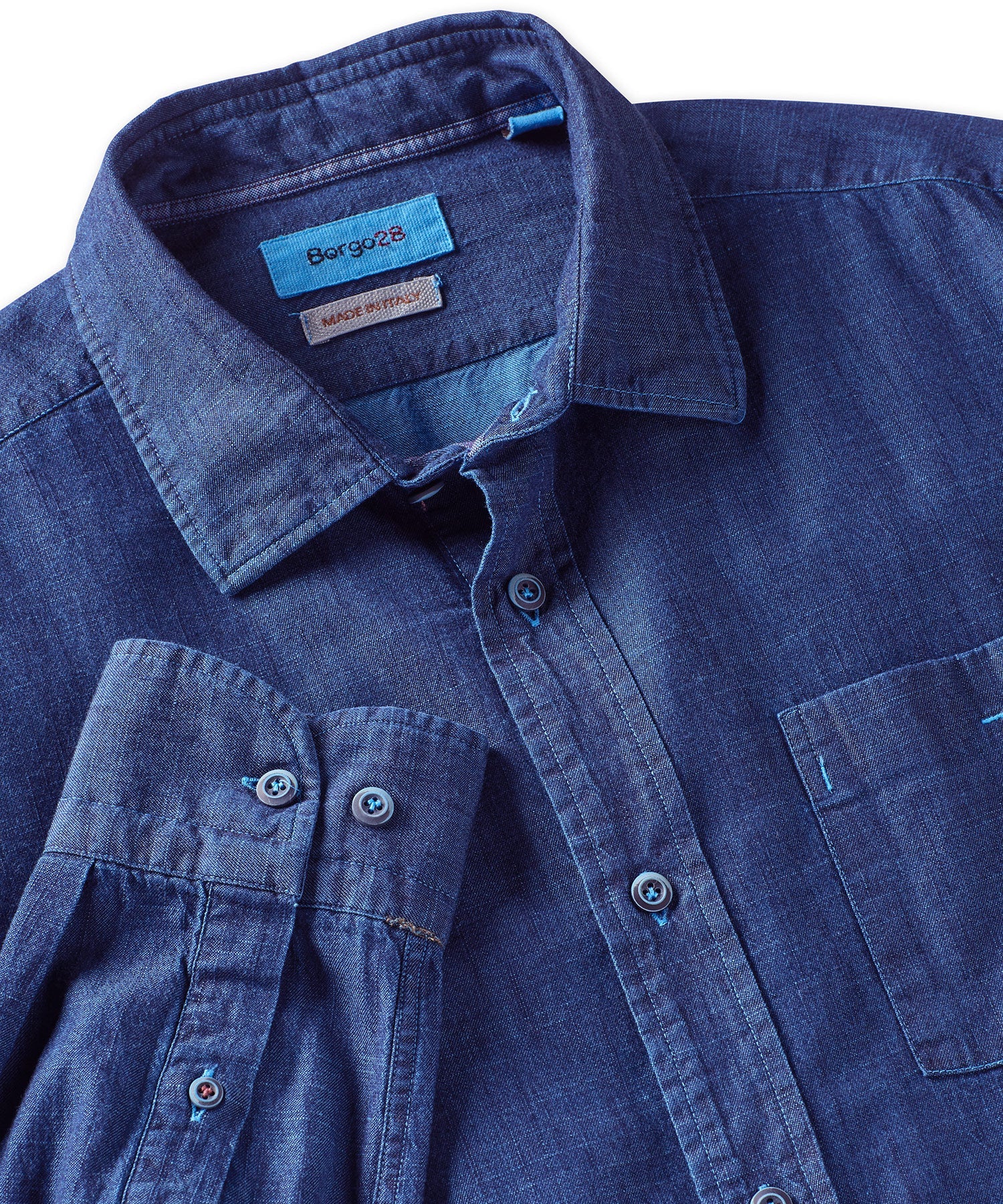 Brand Partner,Borgo28, Borgo28 Blue Indigo Long Sleeve Button Up Shirt With Chest Pocket, Blue, Large-47-TagL