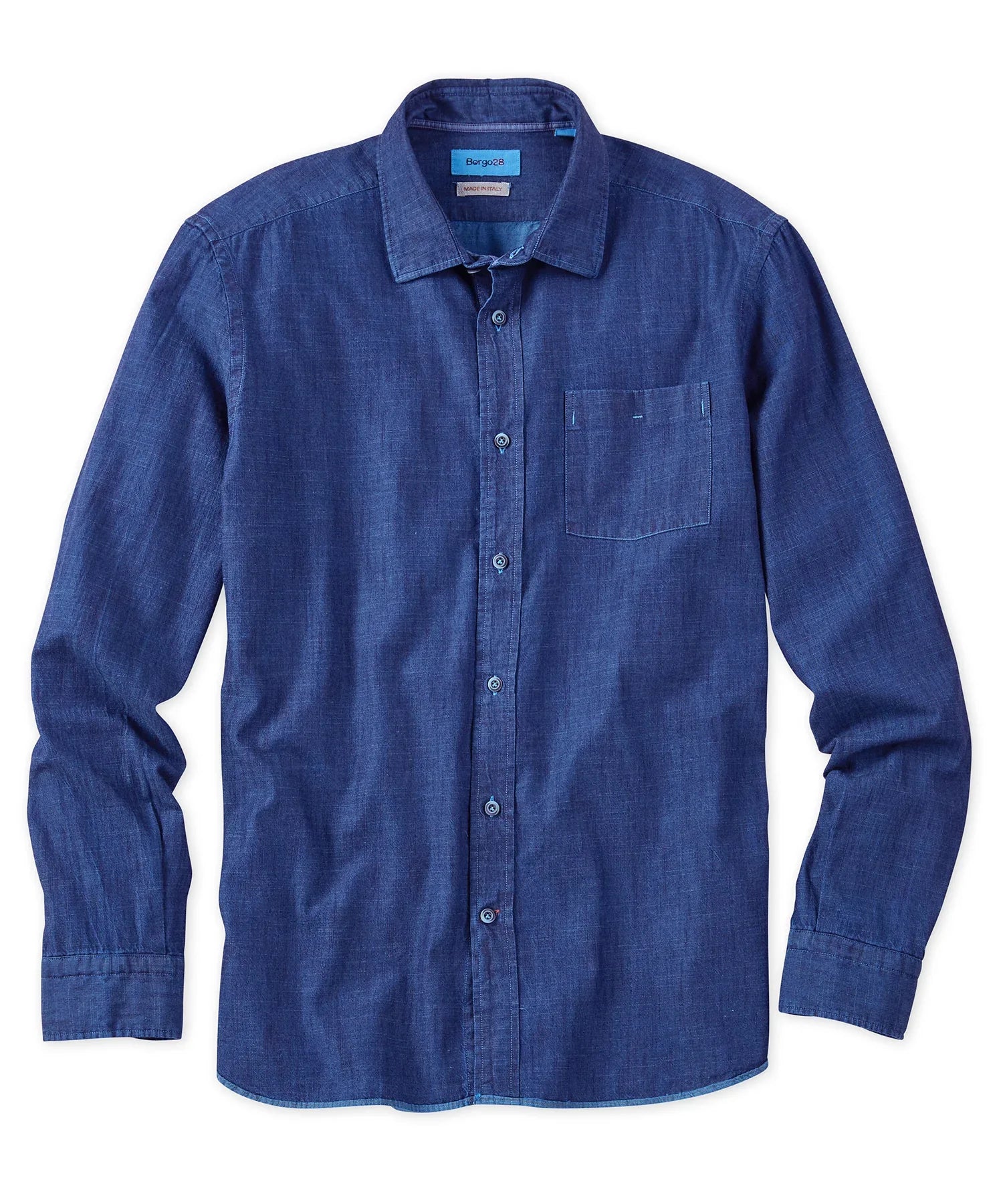Brand Partner,Borgo28, Borto28 Blue Indigo Long Sleeve Button Up Shirt With Chest Pocket, Blue, Extra Large-50-TagXLLarge-47-TagLMedium-44-TagM