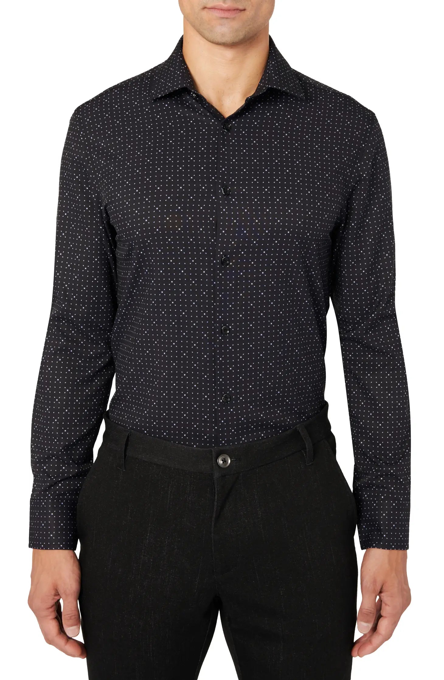 Faire,Brooklyn Brigade, Brooklyn Brigade Black Geo Dot Print Slim Fit Long Sleeve Button Up, Black, Extra Large-50-TagXL