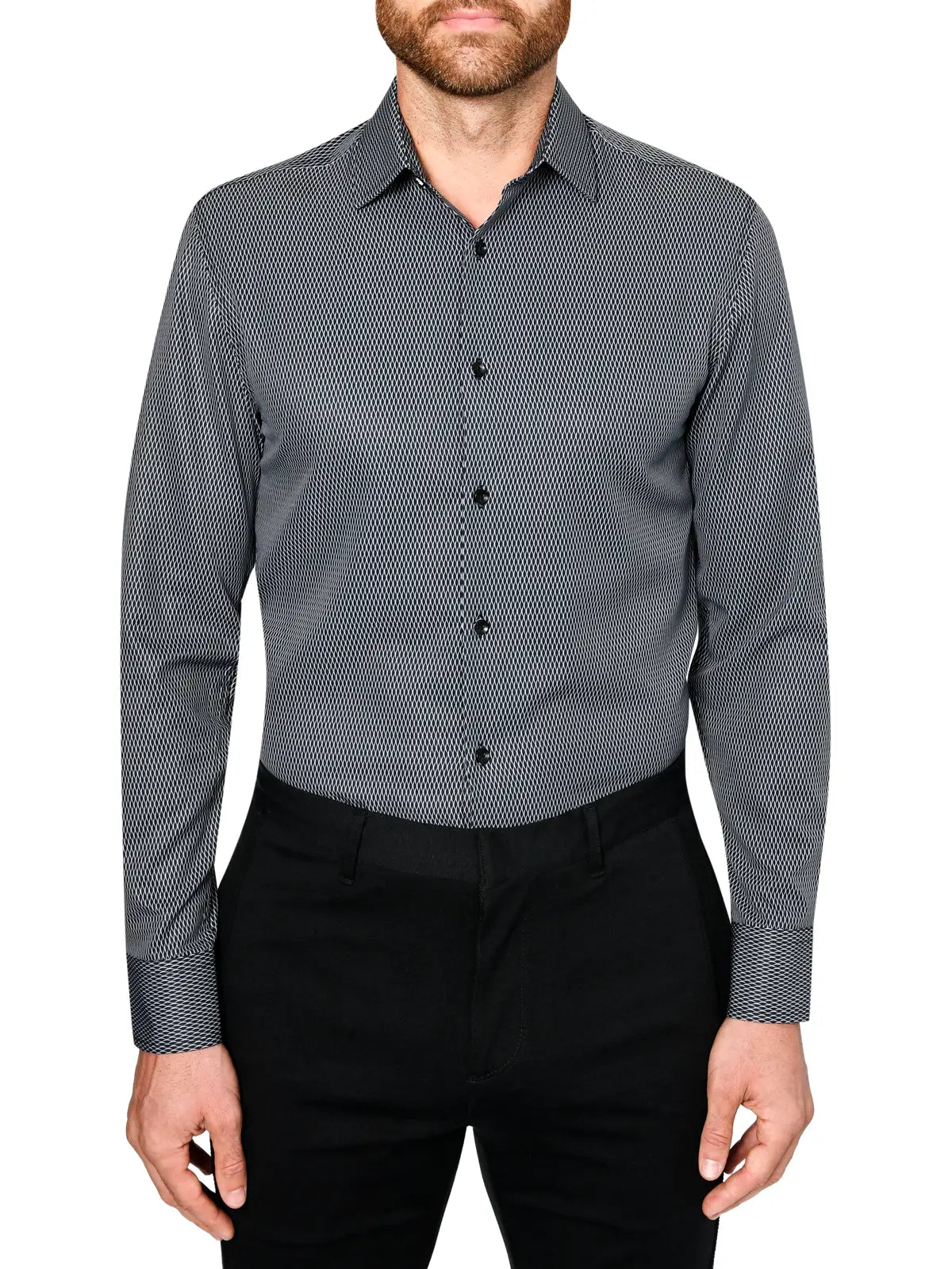 Faire,Brooklyn Brigade, Brooklyn Brigade Dark Grey Mesh Print Slim Fit Long Sleeve Button Up, Grey, Large-43-TagL