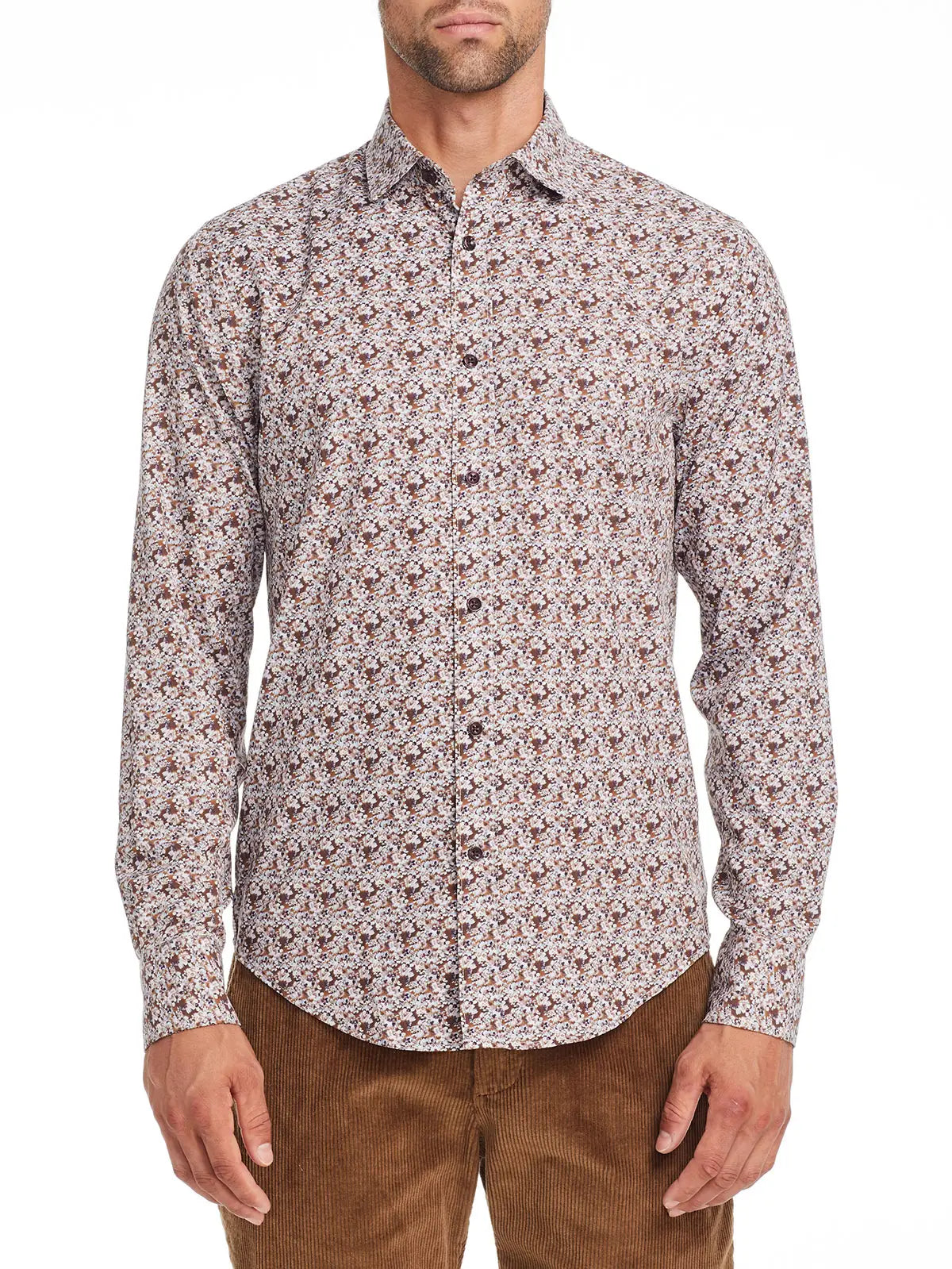Faire,Brooklyn Brigade, Brooklyn Brigade Light Brown Floral Print Slim Fit Long Sleeve Performance Button Up Shirt, Brown, Large-46-TagL