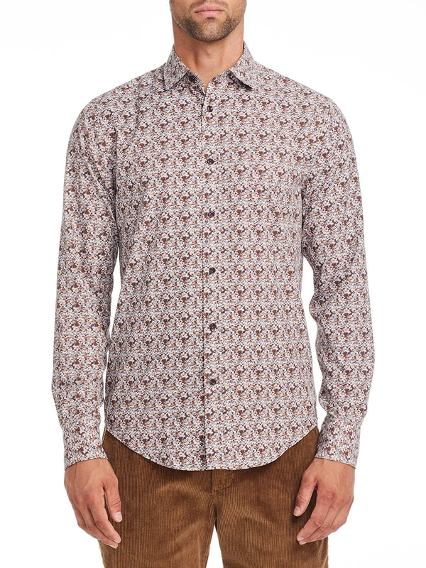 Brooklyn Brigade Light Brown Floral Print Slim Fit Long Sleeve Performance Button Up Shirt