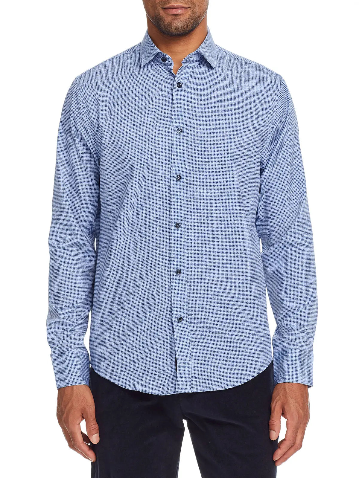 Faire,Brooklyn Brigade, Brooklyn Brigade Blue and Navy Micro Abstract Check Print Performance Button Up Shirt, Blue, Extra Extra Large-54-TagXXL