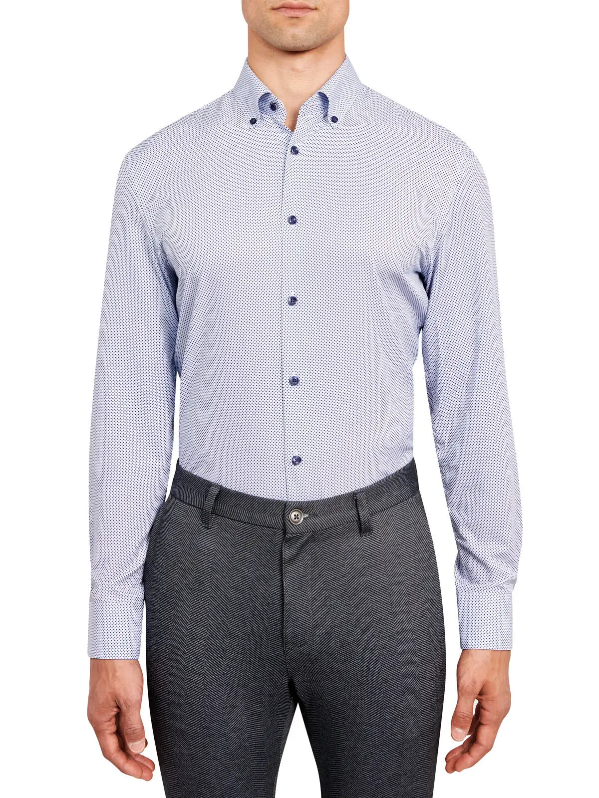 Faire,Brooklyn Brigade, Brooklyn Brigade White With Dark Blue Mini Dot Print 4-Way Stretch Button Up Shirt, Blue, Extra Large-49-TagXL