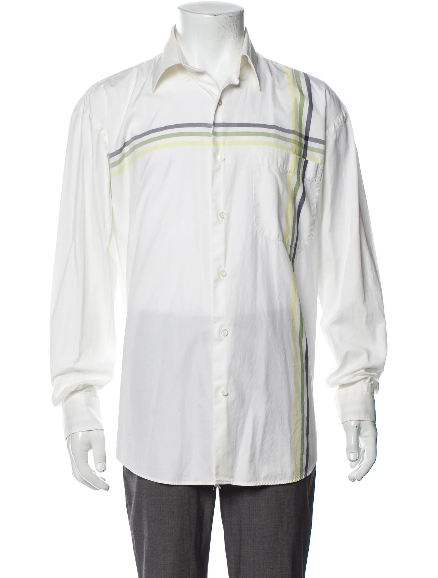 The RealReal,Burberry, Burberry White With Green Grey & Yellow Multi Colored Frontal Striped Button Up Shirt, White, Extra Extra Large-53-TagL