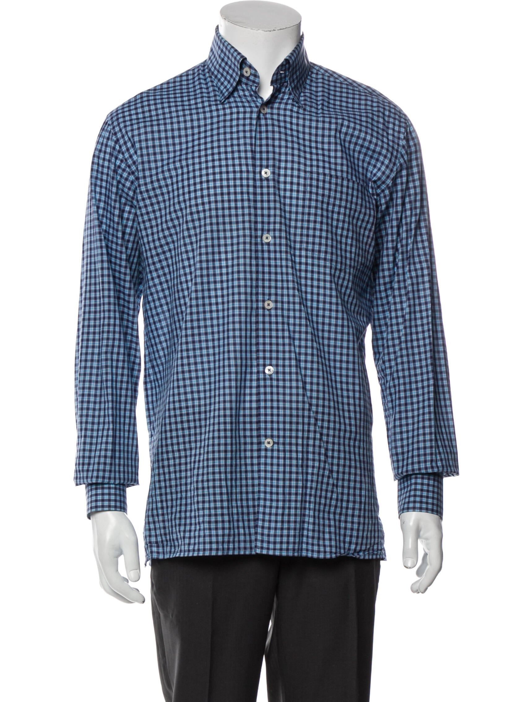 The RealReal,Canali, Canali Blue Small Plaid Print Long Sleeve Button Up Shirt, Blue, Medium-43-TagM