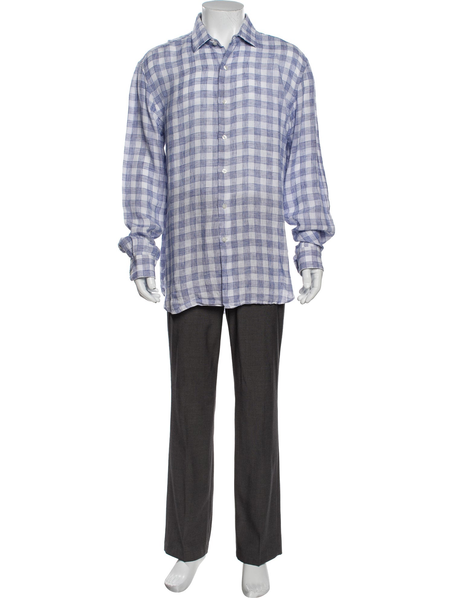 The RealReal, Culturata Blue Check Print Linen Blend Button Up Shirt, Blue, Large-44-TagL