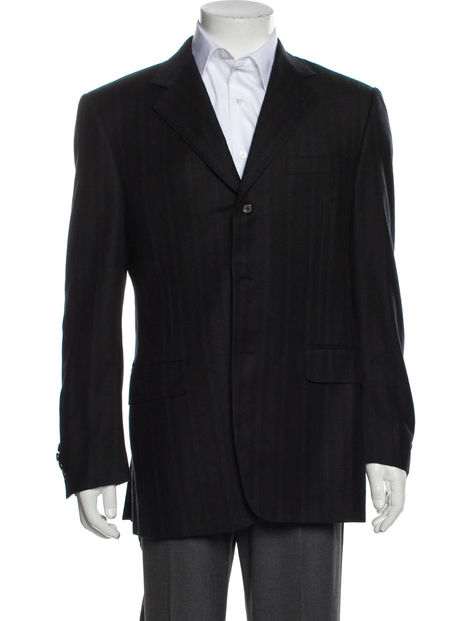 The RealReal,Canali, Canali Black & Dark Brown Striped Wool Super 120 Blazer, Black, Large-Chest-TagL
