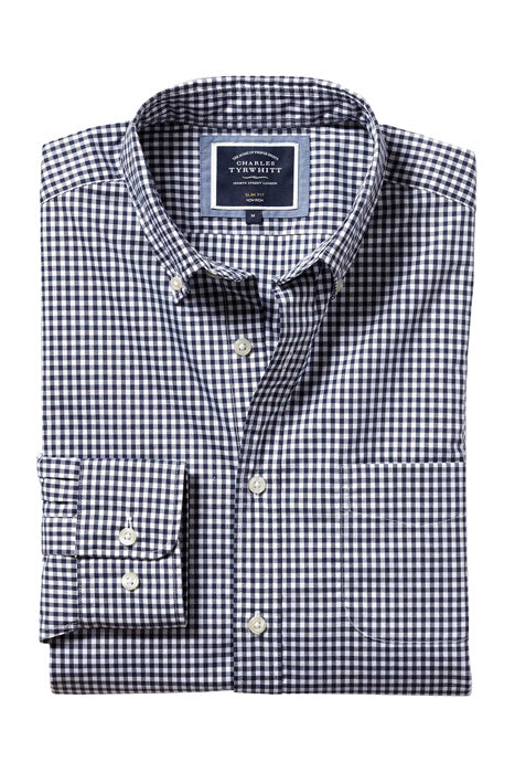 Otrium,Charles Tyrwhitt, Charles Tyrwhitt Navy And White Micro Gingham Print Slim Fit Long Sleeve Button Up Shirt With Front Chest Pocket, White, Extra Extra Large-55-TagXXL