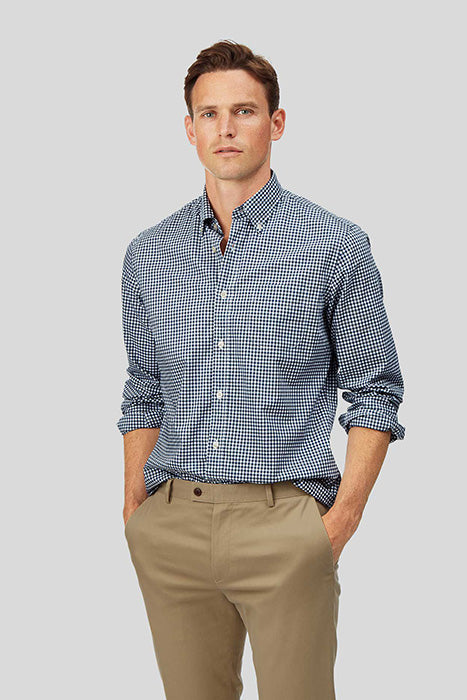 Otrium,Charles Tyrwhitt, Charles Tyrwhitt Navy And White Micro Gingham Print Slim Fit Long Sleeve Button Up Shirt With Front Chest Pocket, White, Extra Extra Large-55-TagXXL