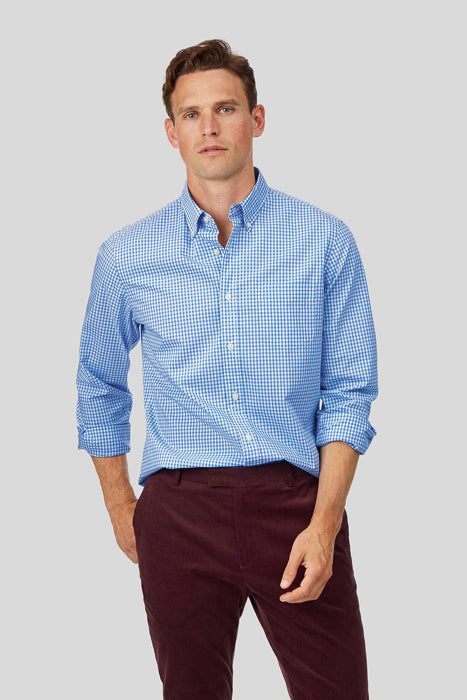 Otrium,Charles Tyrwhitt, Charles Tyrwhitt Blue And White Micro Gingham Print Slim Fit Long Sleeve Button Up Shirt With Front Chest Pocket, White, Extra Extra Large-55-TagXXL