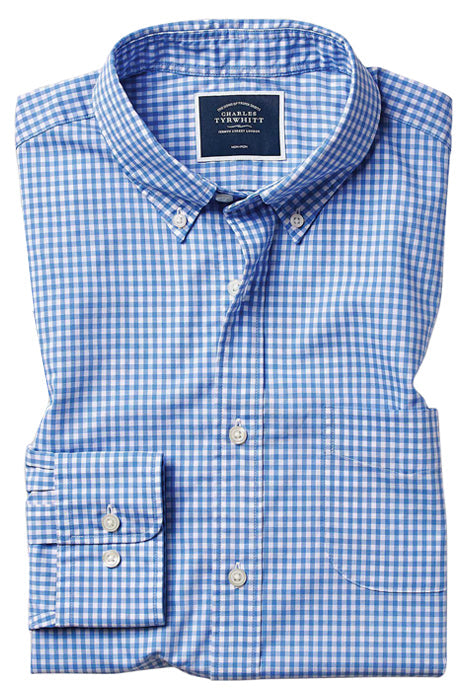 Otrium,Charles Tyrwhitt, Charles Tyrwhitt Blue And White Micro Gingham Print Slim Fit Long Sleeve Button Up Shirt With Front Chest Pocket, White, Extra Extra Large-55-TagXXL