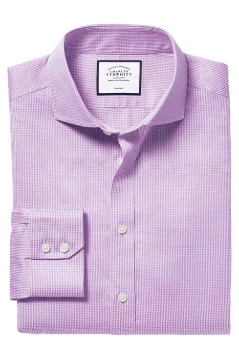 Charles Tyrwhitt Lilac Purple Micro Gingham Print Slim Fit Long Sleeve Button Up Shirt