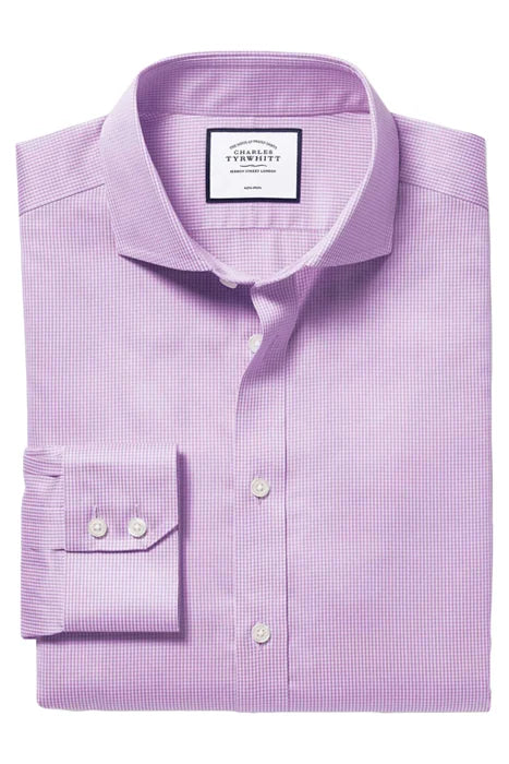 Otrium,Charles Tyrwhitt, Charles Tyrwhitt Lilac Purple Micro Gingham Print Slim Fit Long Sleeve Button Up Shirt, Purple, Extra Large-48-TagXL