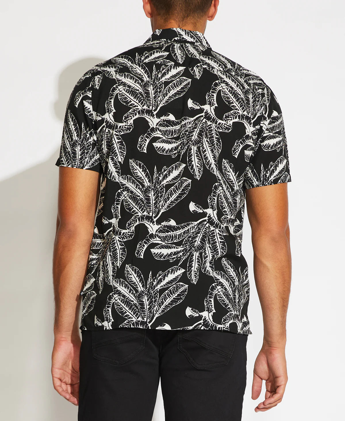 Wholesale,Civil Society, Civil Society Black With White Leaf Print Short Sleeve Button Up Shirt, Black, Medium-46-TagM