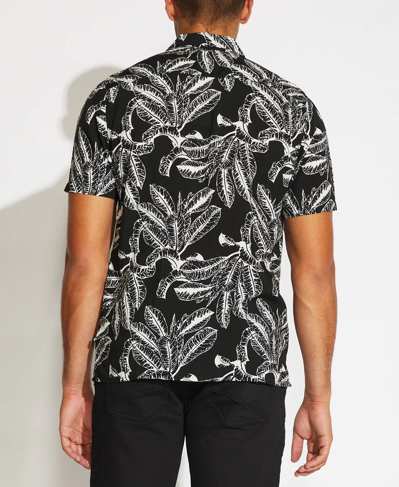 Civil Society Black With White Leaf Print Short Sleeve Button Up Shirt