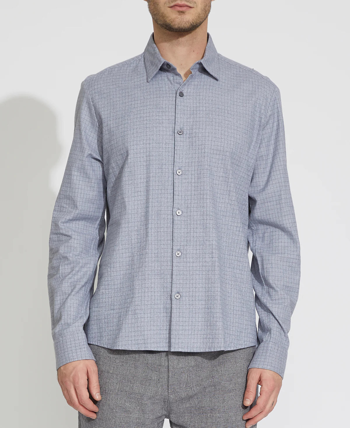 Wholesale,Civil Society, Civil Society Blue Grey Grid Print Knit Long Sleeve Button Up Shirt, Blue, Medium-44-TagM